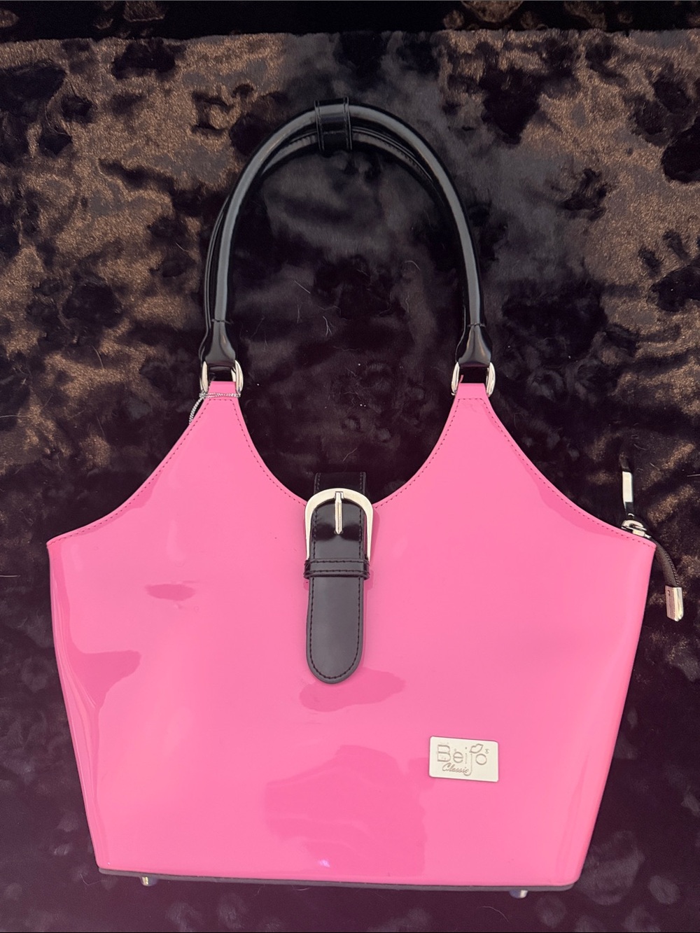 Beijo Bubble Gum Pink Patent Tote with Black Trim and Buckle